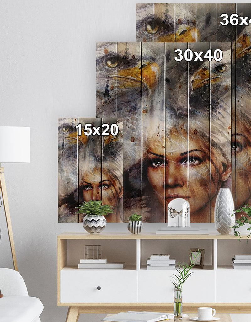DesignQ Woman With Flying Eagles - Portrait Print On Natural Pine Wood