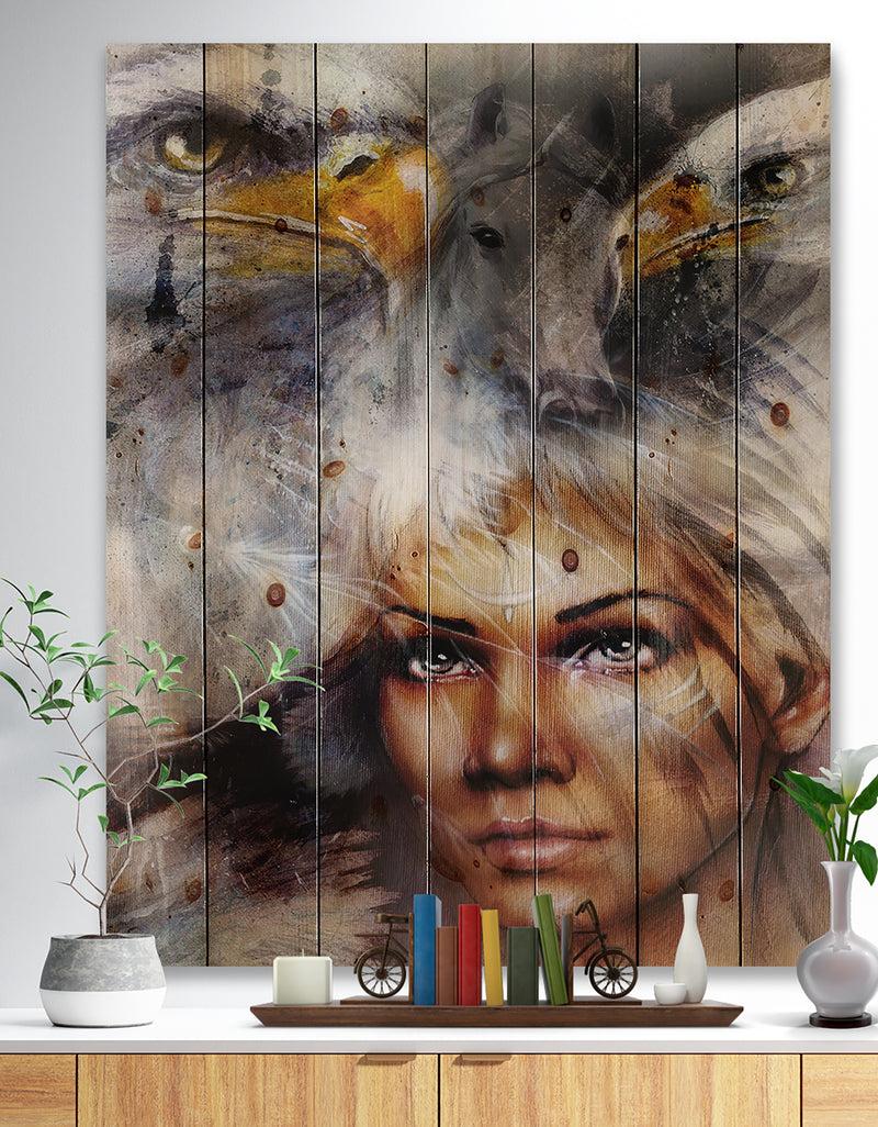 DesignQ Woman with Flying Eagles - Portrait Print on Natural Pine Wood