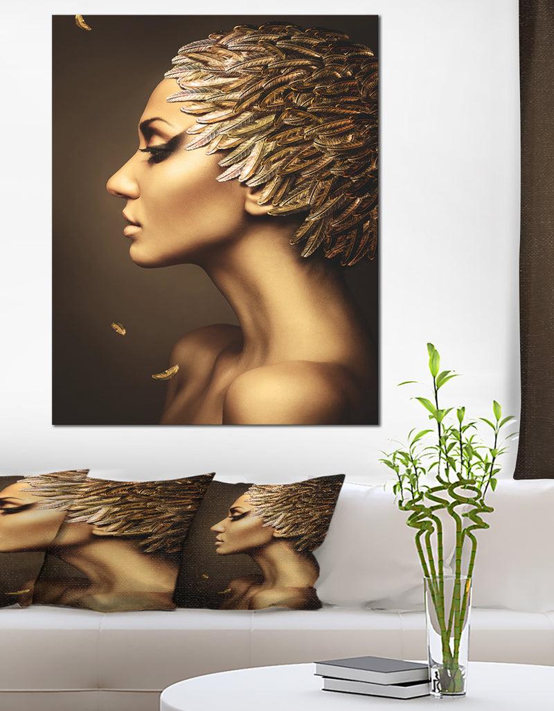 DesignQ Woman with Gold Feather Hat - Contemporary Canvas Art Print