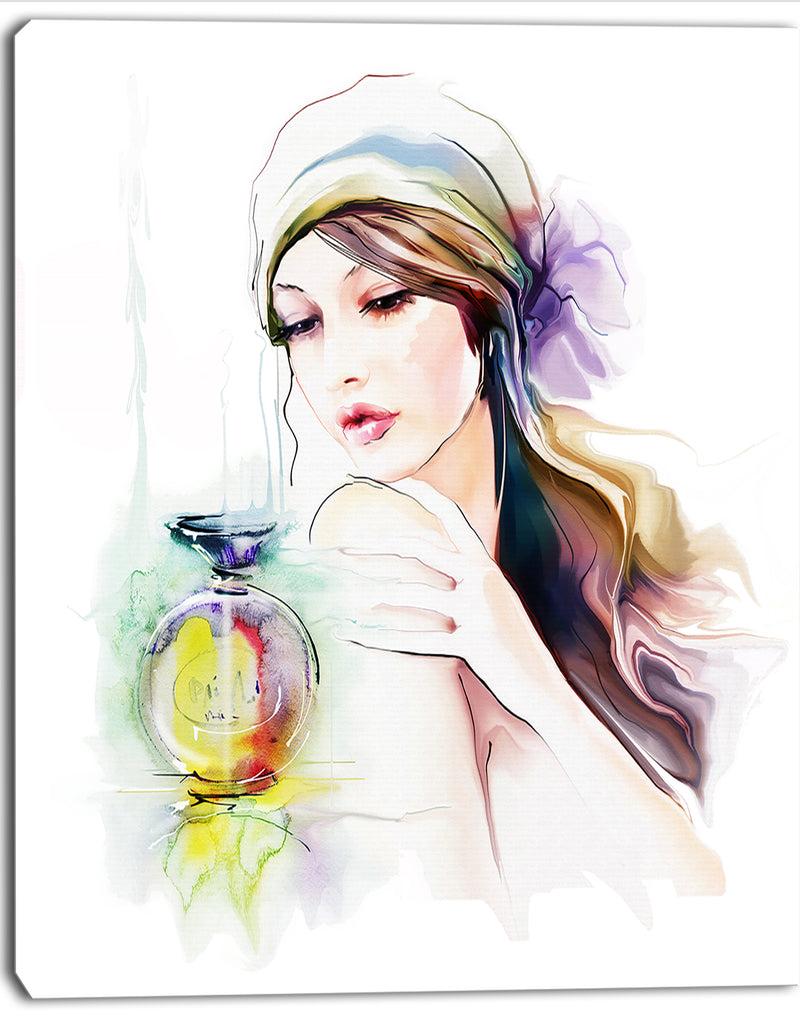DesignQ Woman With Perfume Bottle - Portrait Contemporary Canvas Art Print