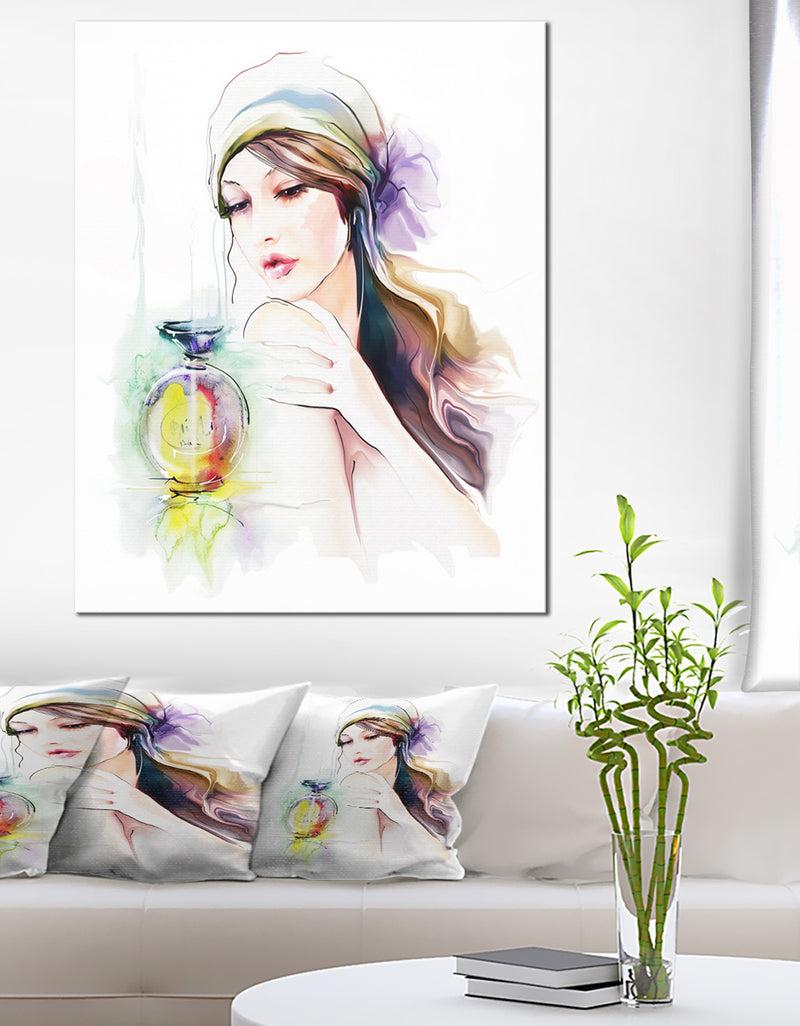 DesignQ Woman with Perfume Bottle - Portrait Contemporary Canvas Art Print