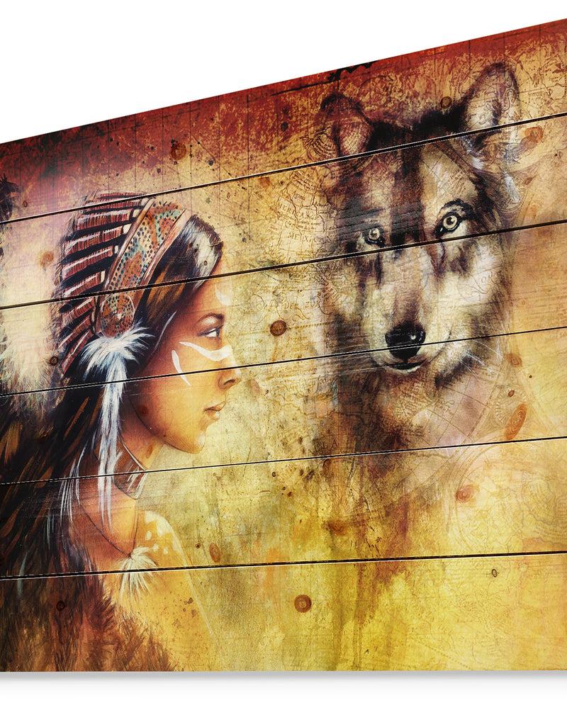 DesignQ Woman With Wolf - Portrait Print On Natural Pine Wood