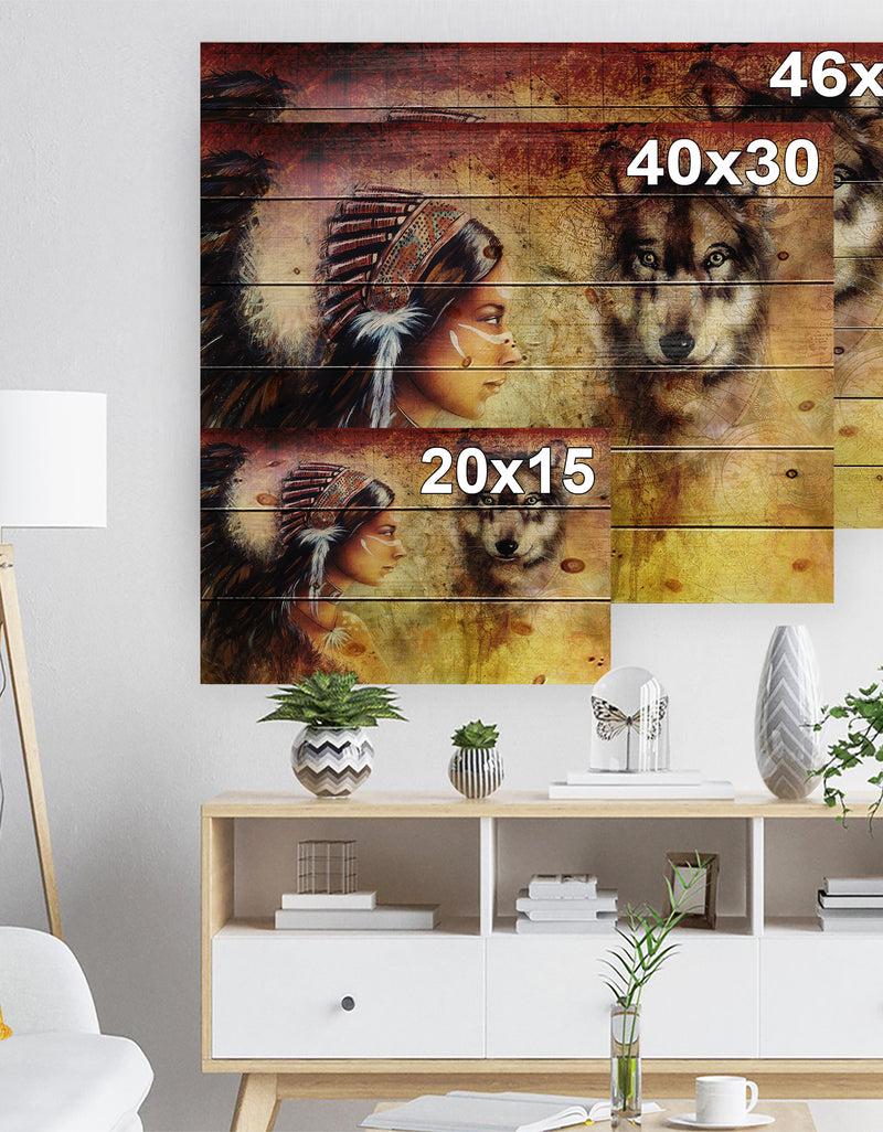 DesignQ Woman With Wolf - Portrait Print On Natural Pine Wood