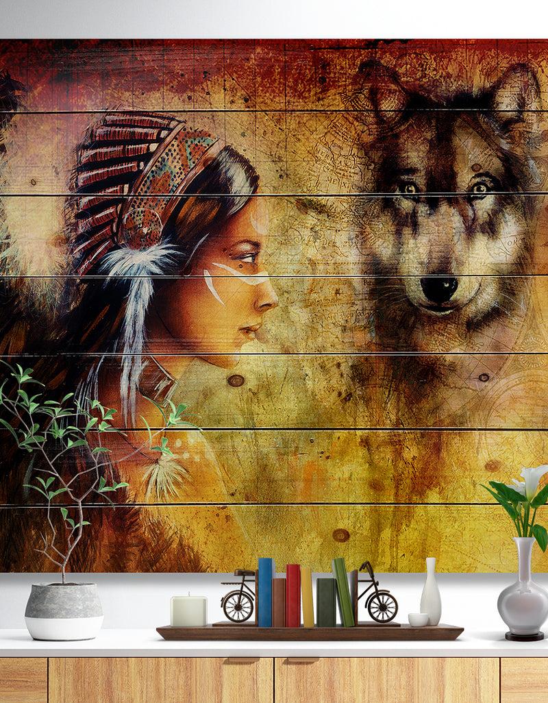 DesignQ Woman with Wolf - Portrait Print on Natural Pine Wood