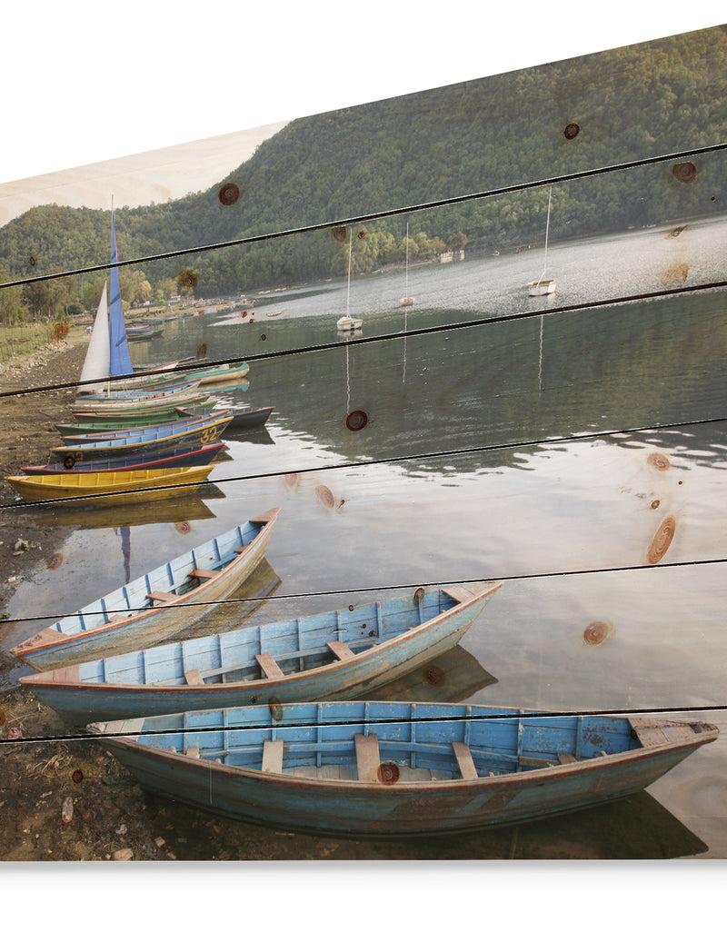 DesignQ Wonderful View Of Pokhara Boats - Boat Print On Natural Pine Wood
