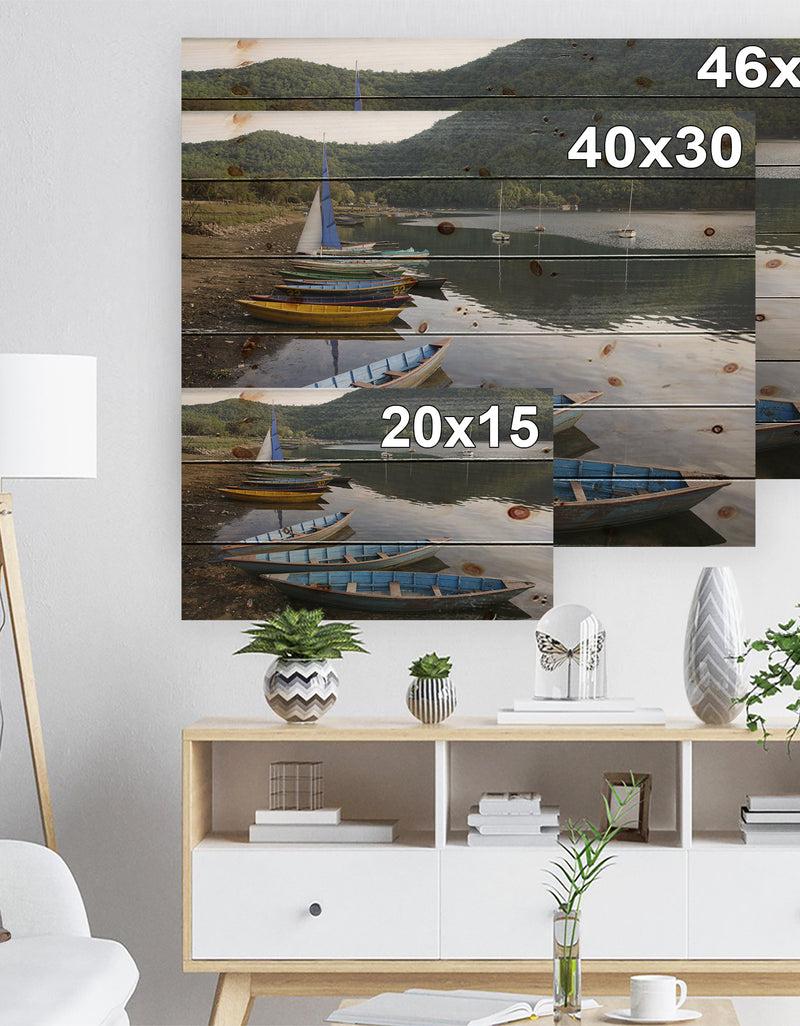 DesignQ Wonderful View Of Pokhara Boats - Boat Print On Natural Pine Wood