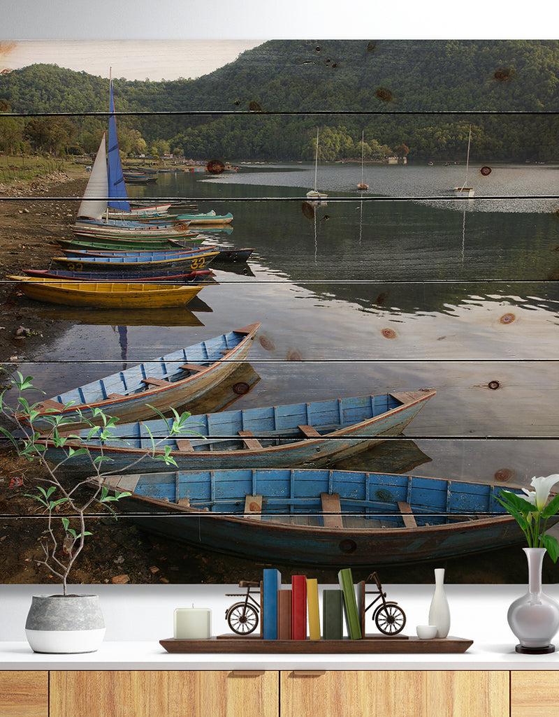 DesignQ Wonderful View of Pokhara Boats - Boat Print on Natural Pine Wood