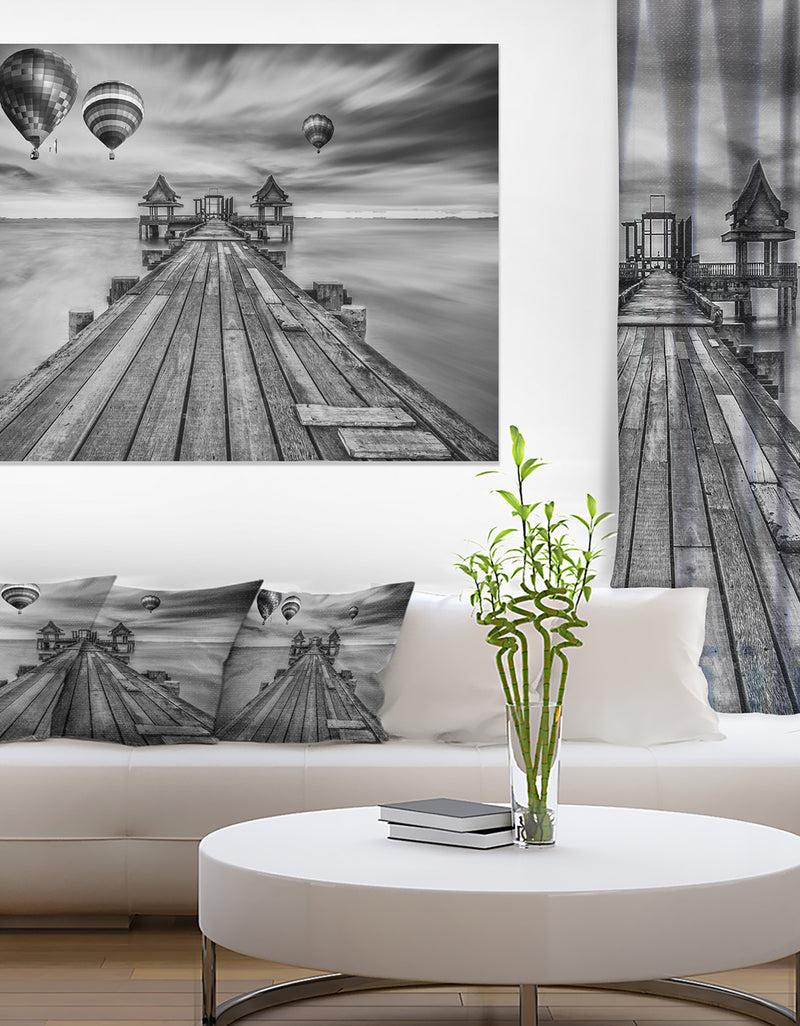 DesignQ Wood Bridge in Port between Sunrise - Sea Bridge Canvas Wall Artwork