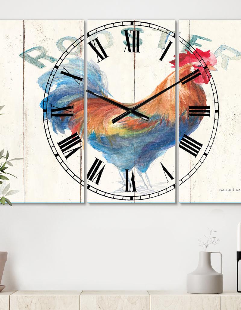 DesignQ Wood Farm Roaster I - Cottage 3 Panels Oversized Wall CLock