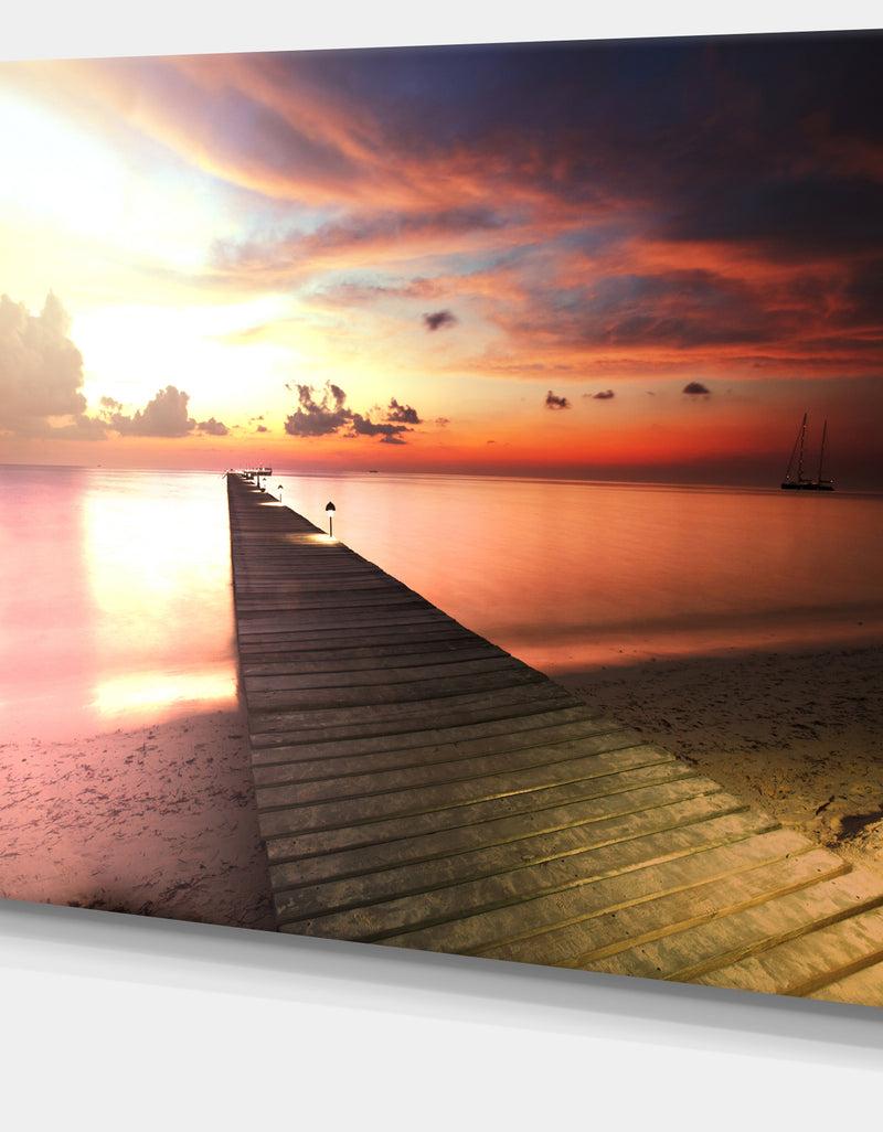 DesignQ Wooden Boardwalk Into Colorful Sea - Large Sea Bridge Canvas Art Print