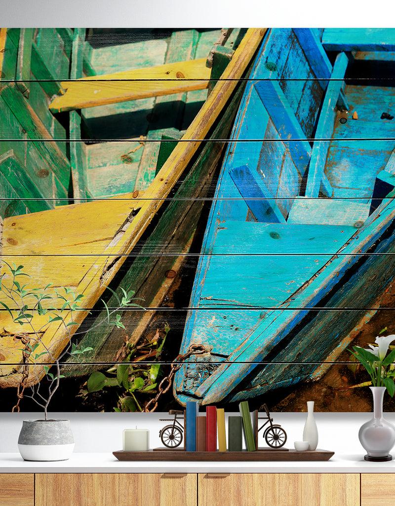 DesignQ Wooden Boats on Lake Phewa - Boat Print on Natural Pine Wood
