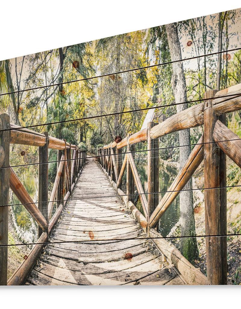 DesignQ Wooden Bridge In Forest - Wooden Sea Bridge Print On Natural Pine Wood