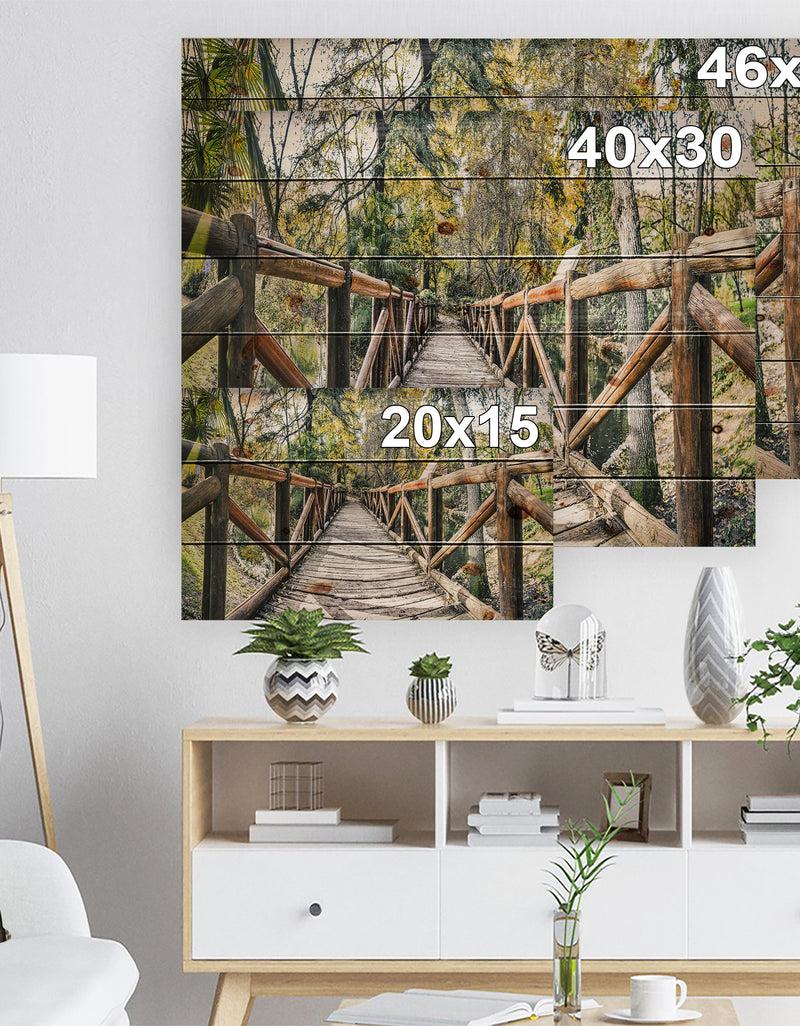 DesignQ Wooden Bridge In Forest - Wooden Sea Bridge Print On Natural Pine Wood