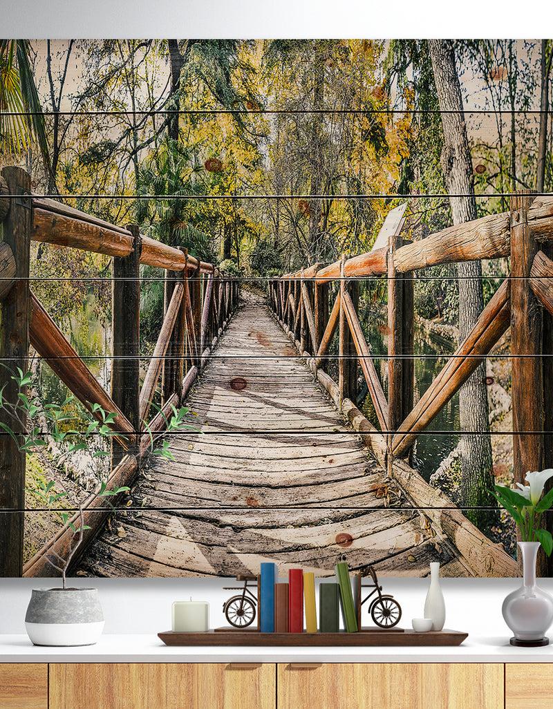 DesignQ Wooden Bridge in Forest - Wooden Sea Bridge Print on Natural Pine Wood