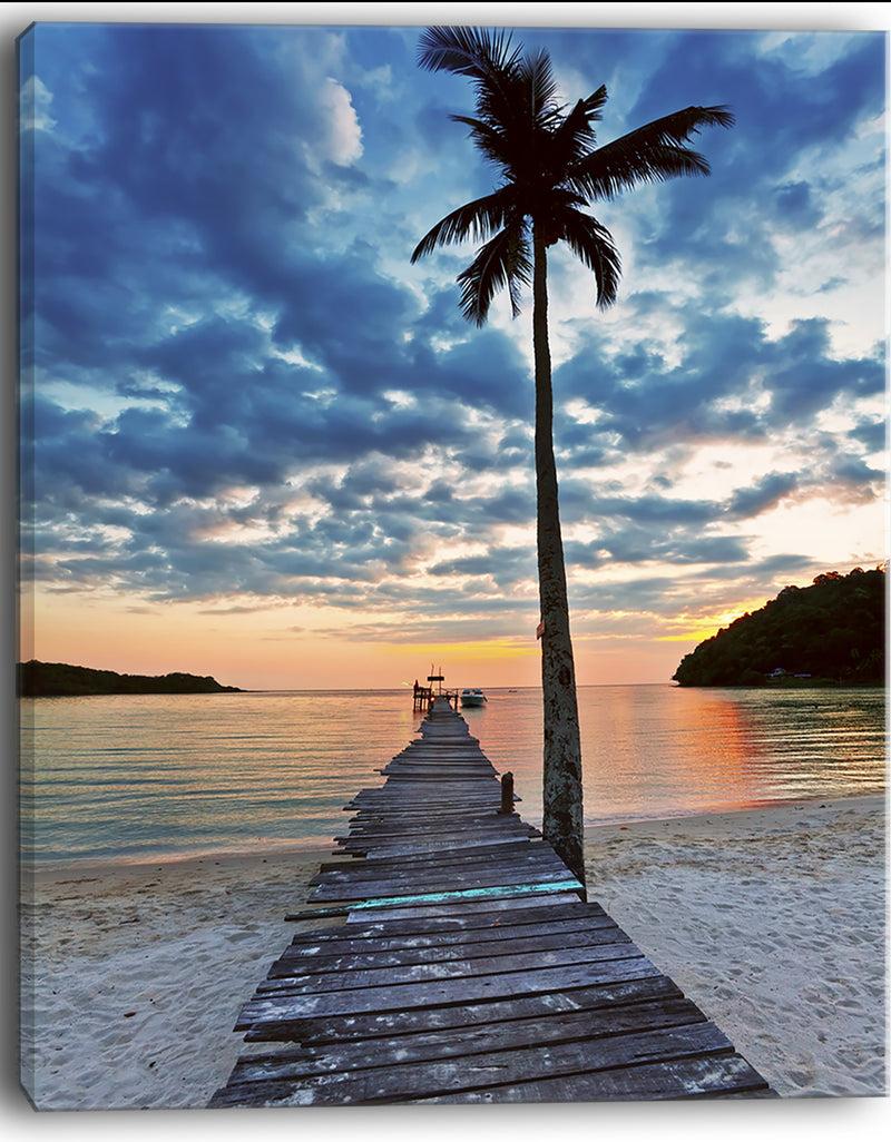 DesignQ Wooden Pier And Palm Tree - Seashore Photo Canvas Art Print
