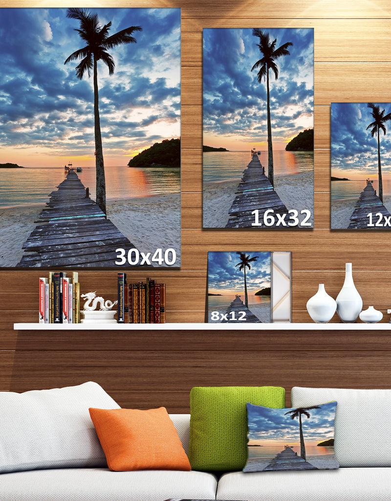 DesignQ Wooden Pier And Palm Tree - Seashore Photo Canvas Art Print