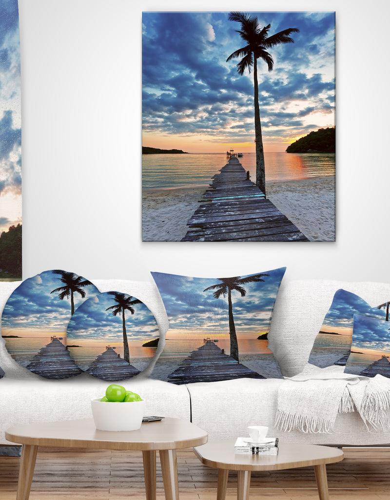 DesignQ Wooden Pier And Palm Tree - Seashore Photo Canvas Art Print