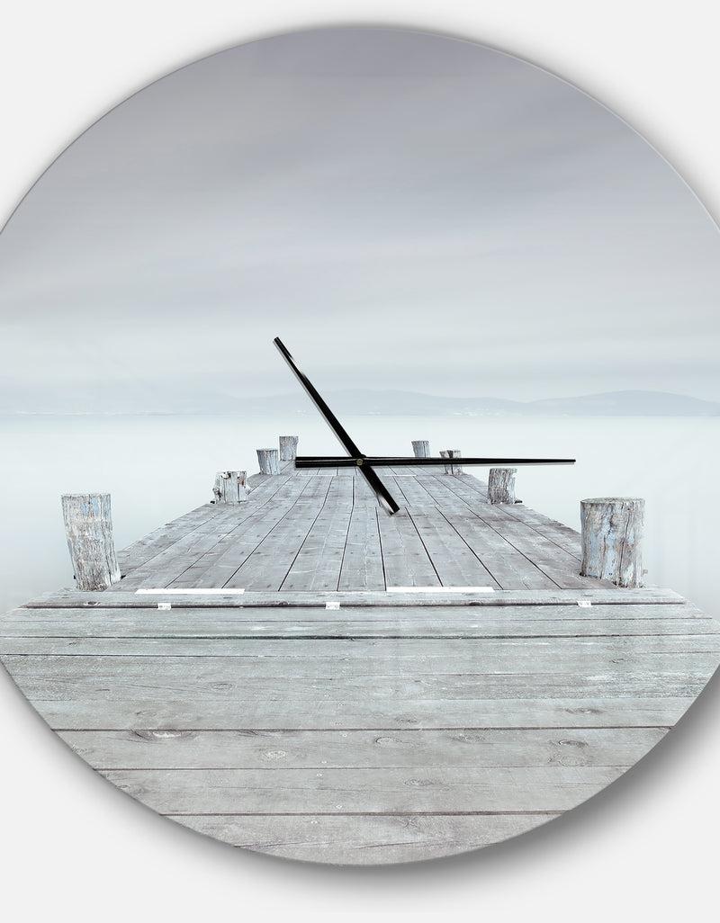 DesignQ Wooden Pier In Cloudy Mood - Oversized Landscapes Wall CLock