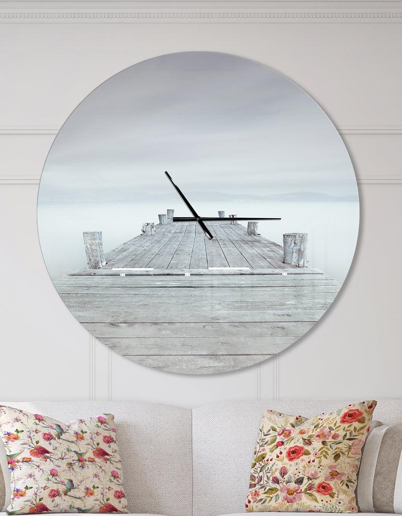 DesignQ Wooden Pier in Cloudy Mood - Oversized Landscapes Wall CLock