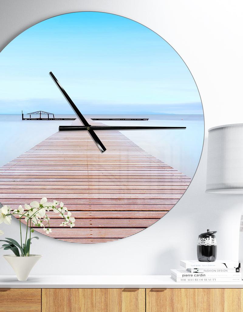 DesignQ Wooden Pier in Cold Atmosphere - Oversized Landscapes Wall CLock