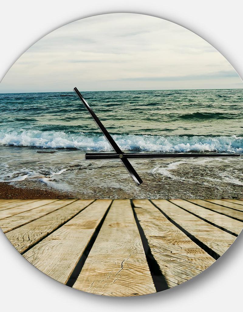 DesignQ Wooden Pier In Waving Sea - Oversized Coastal Wall CLock