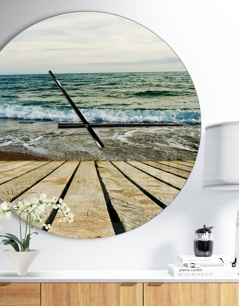 DesignQ Wooden Pier in Waving Sea - Oversized Coastal Wall CLock