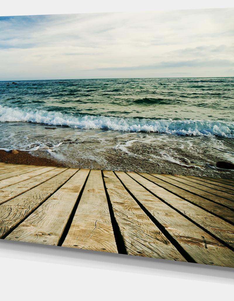DesignQ Wooden Pier In Waving Sea - Seascape Photo Canvas Print