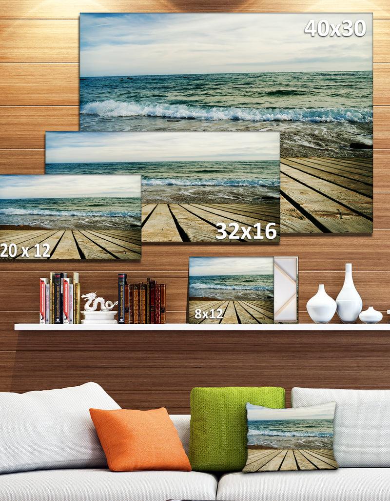 DesignQ Wooden Pier In Waving Sea - Seascape Photo Canvas Print