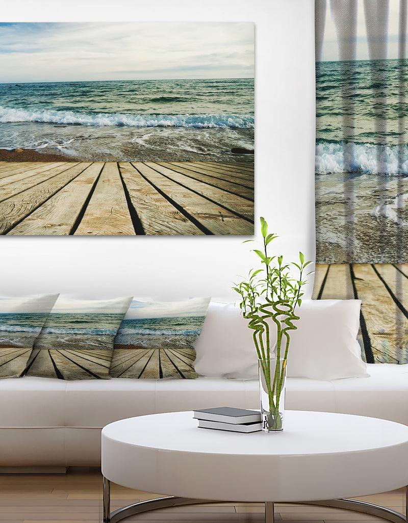 DesignQ Wooden Pier in Waving Sea - Seascape Photo Canvas Print