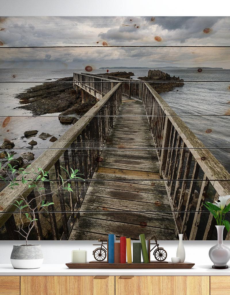 DesignQ Wooden Pier on North Irish Coastline - Sea Bridge Print on Natural Pine Wood