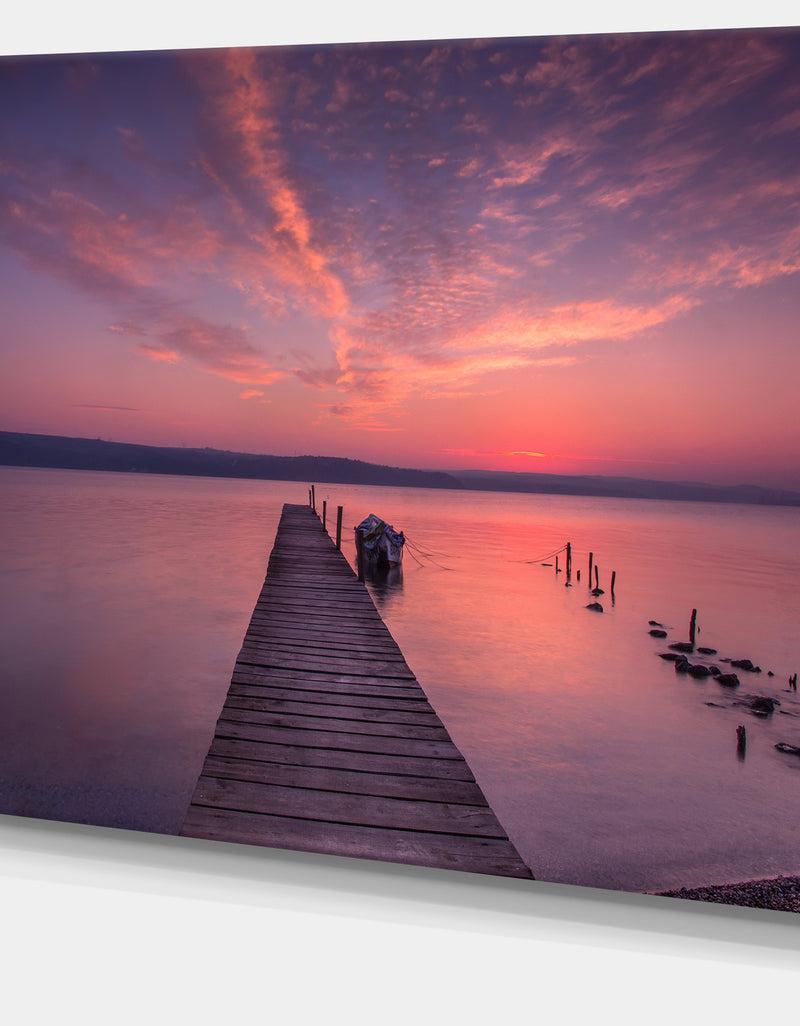 DesignQ Wooden Pier Under Red Sky - Seascape Photo Canvas Print