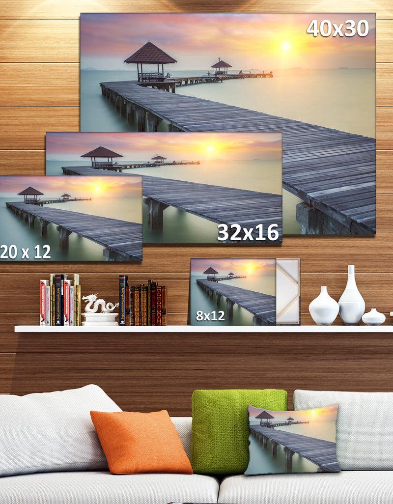 DesignQ Wooden Sea Bridge And Sunset - Seashore Photo Canvas Print
