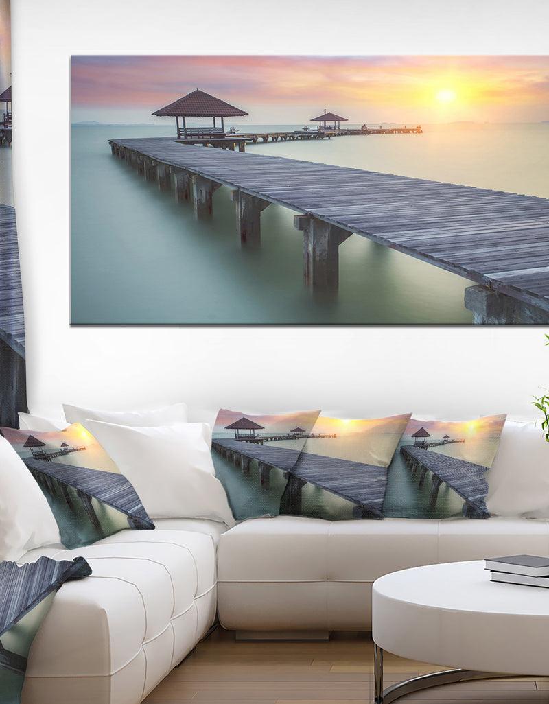 DesignQ Wooden Sea Bridge and Sunset - Seashore Photo Canvas Print