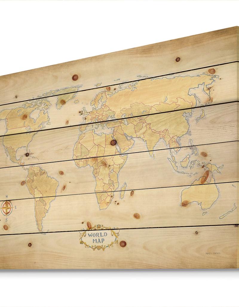 DesignQ World Trekker I Crop - Map Print On Natural Pine Wood