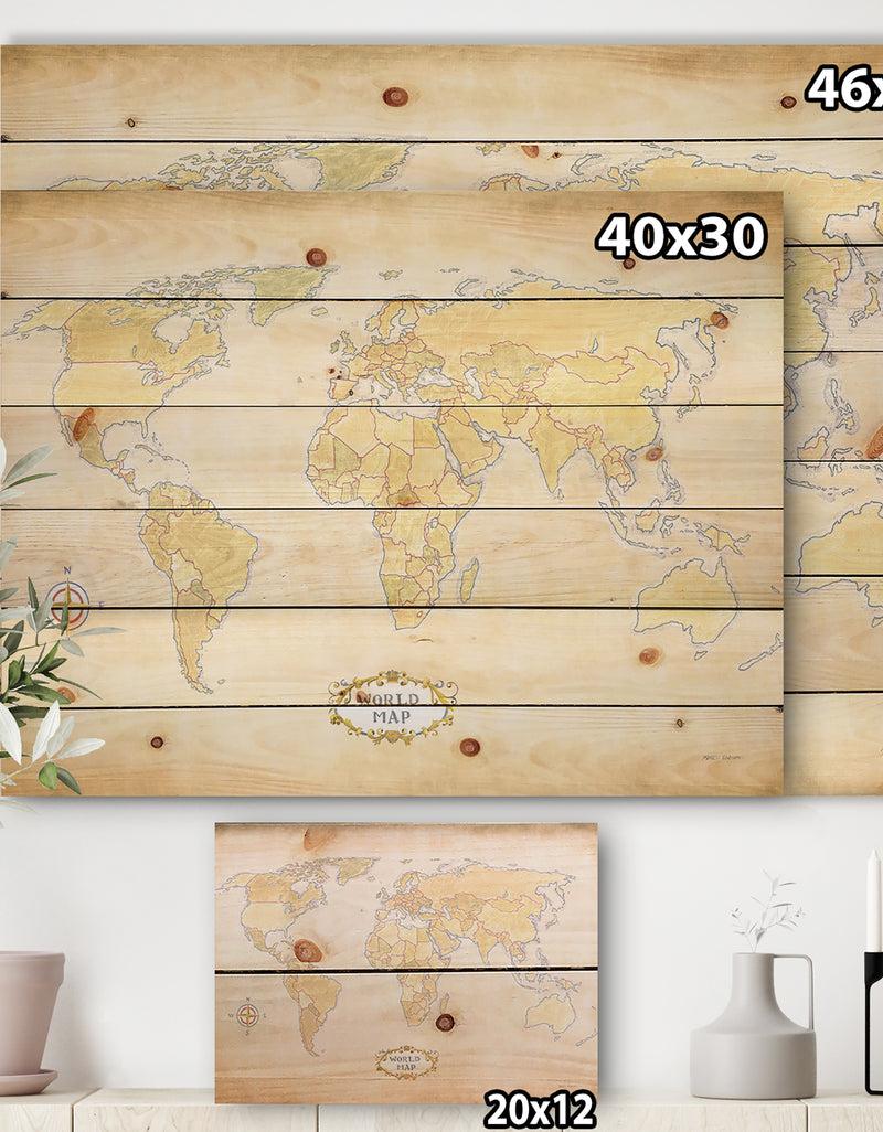DesignQ World Trekker I Crop - Map Print On Natural Pine Wood