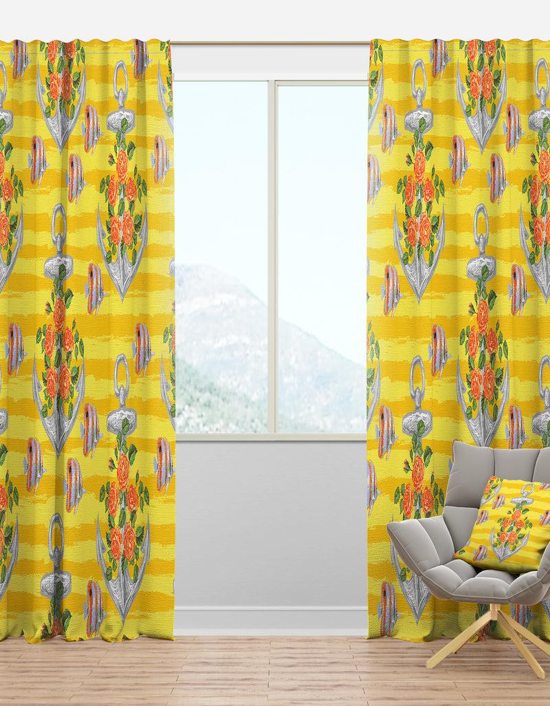 DesignQ Yellow Anchor Pattern - Nautical & Coastal Curtain Panels