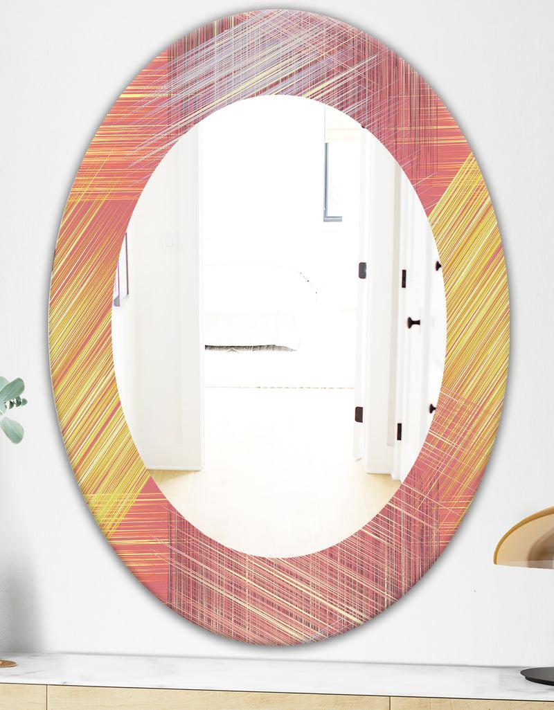 DesignQ Yellow And Pink Striped Pattern - Modern Mirror - Frameless Oval Or Round Wall Mirror