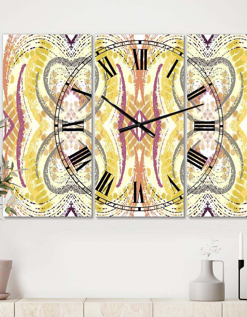 DesignQ Yellow And Purple Heart Pattern - Oversized Mid-Century Wall Clock - 3 Panels