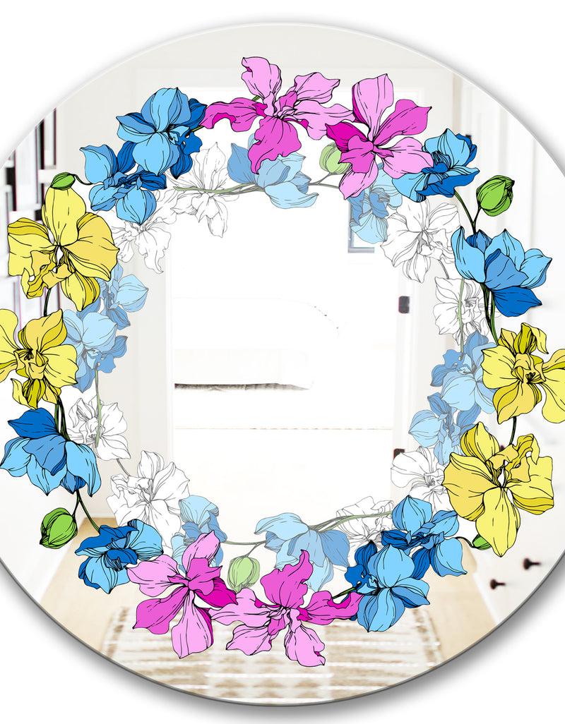 DesignQ Yellow Blue And Pink Orchids - Cabin And Lodge Mirror - Oval Or Round Wall Mirror
