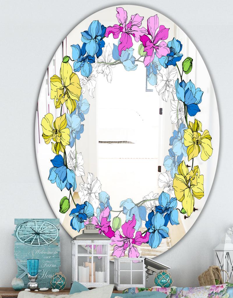 DesignQ Yellow Blue And Pink Orchids - Cabin And Lodge Mirror - Oval Or Round Wall Mirror