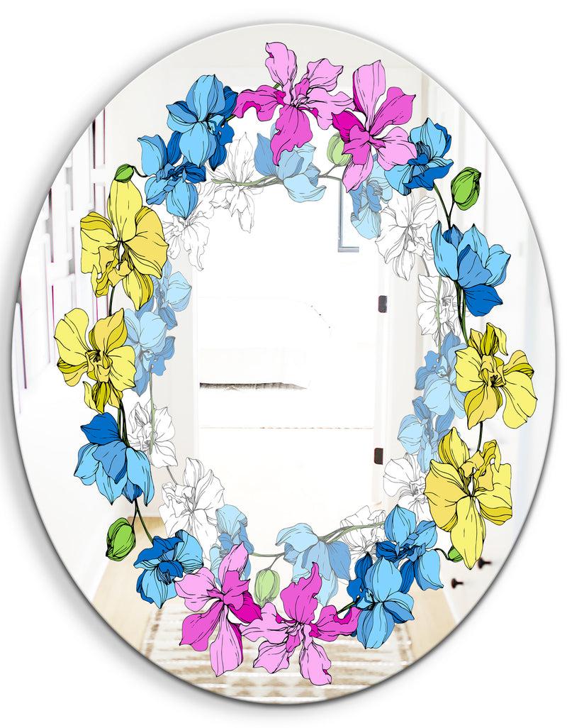DesignQ Yellow Blue And Pink Orchids - Cabin And Lodge Mirror - Oval Or Round Wall Mirror