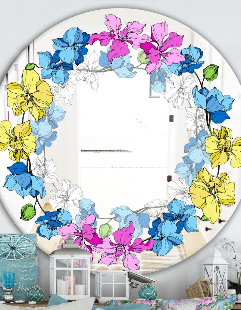 DesignQ Yellow Blue and Pink Orchids - Cabin and Lodge Mirror - Oval or Round Wall Mirror