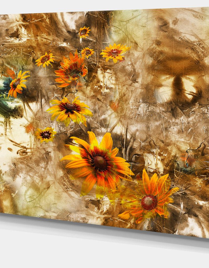 DesignQ Yellow Flowers With Brown Background - Extra Large Floral Wall Art