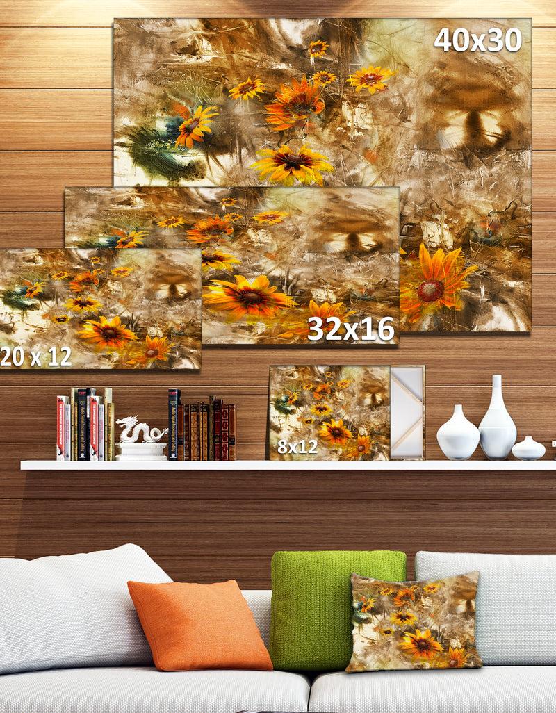 DesignQ Yellow Flowers With Brown Background - Extra Large Floral Wall Art