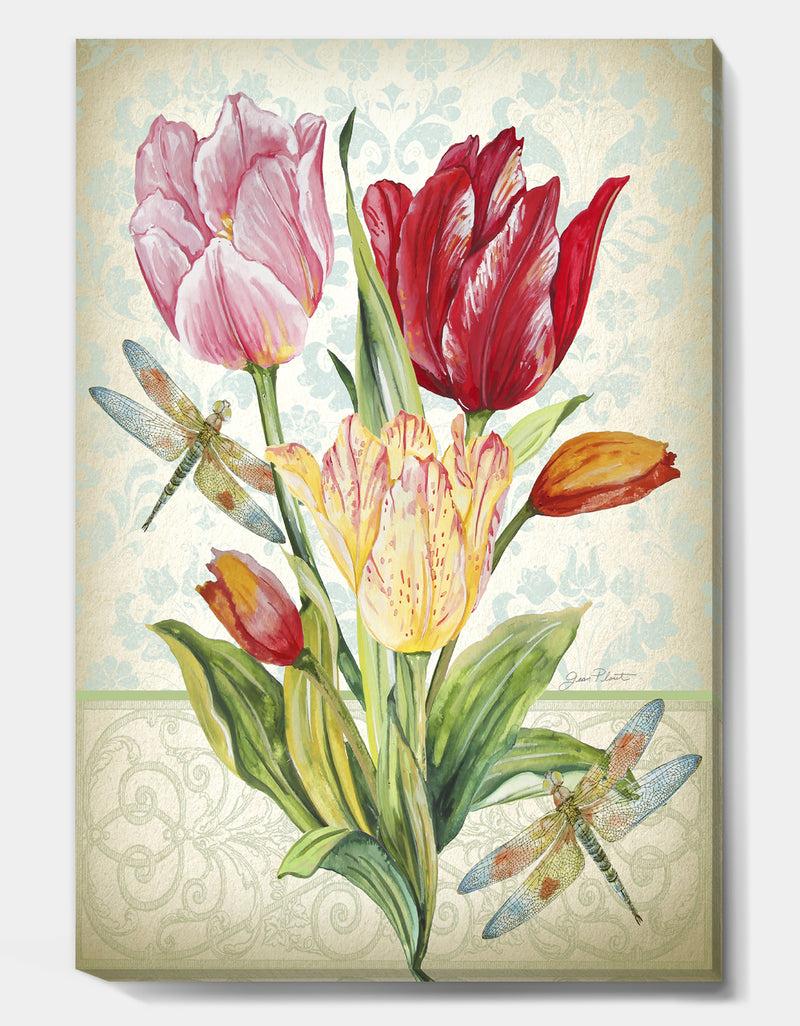 DesignQ Yellow Pink And Red Tullip With Dragonflies - Cottage Premium Canvas Wall Art