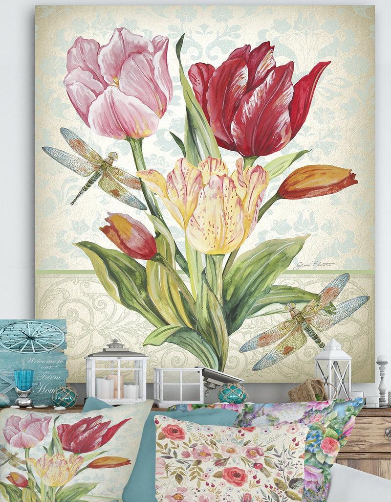 DesignQ Yellow Pink And Red Tullip With Dragonflies - Cottage Premium Canvas Wall Art