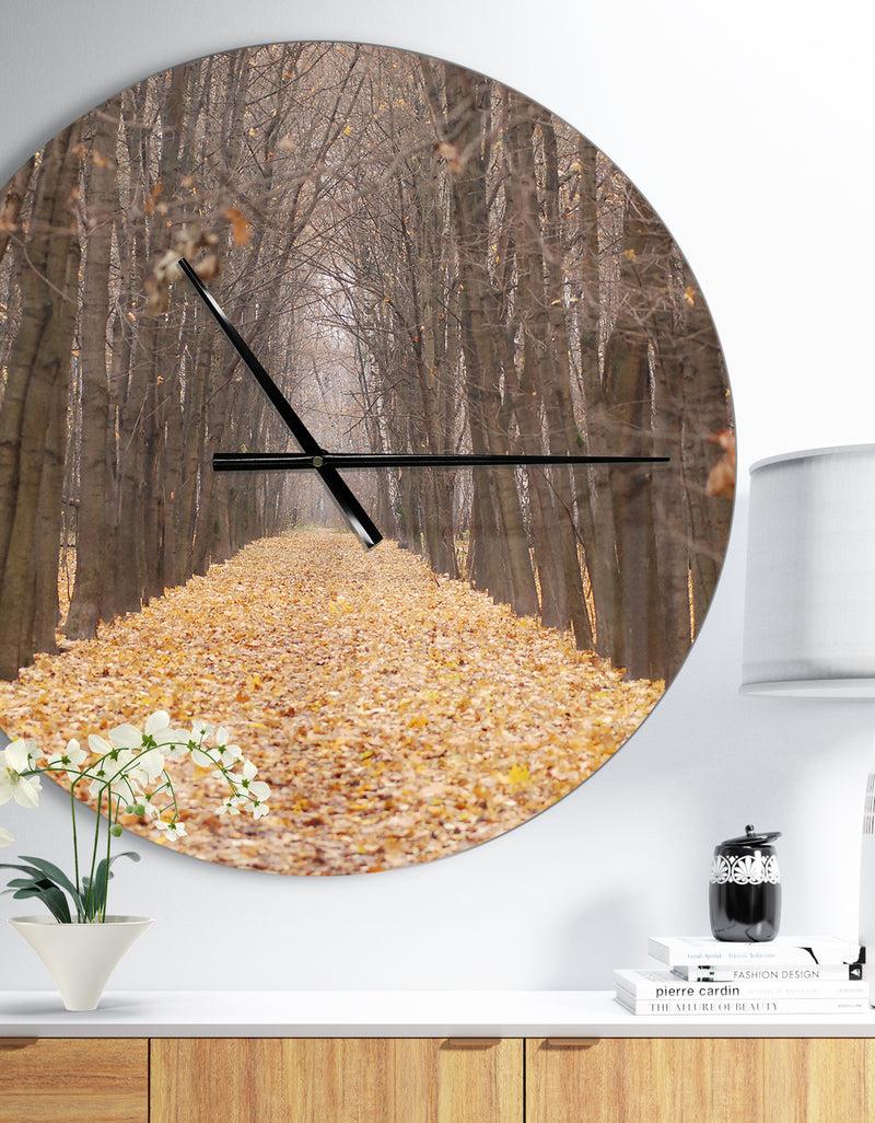 DesignQ Yellow Road through Fall Forest - Oversized Traditional Wall CLock
