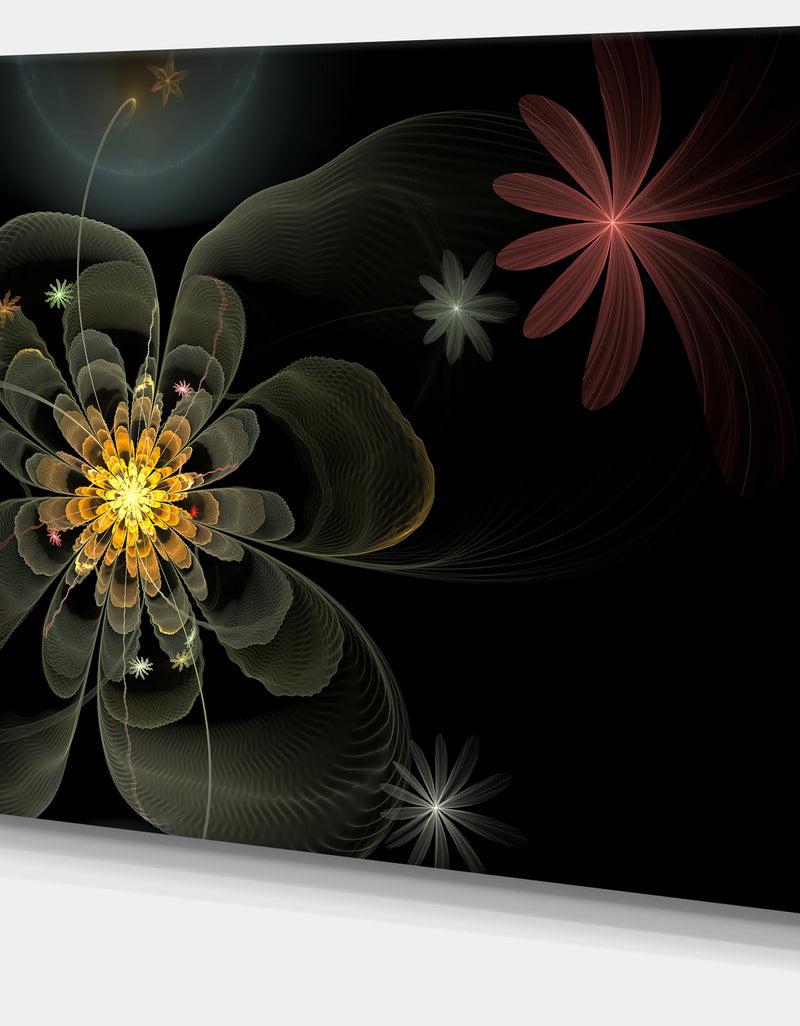 DesignQ Yellow Small Fractal Flower In Black - Modern Floral Canvas Wall Art