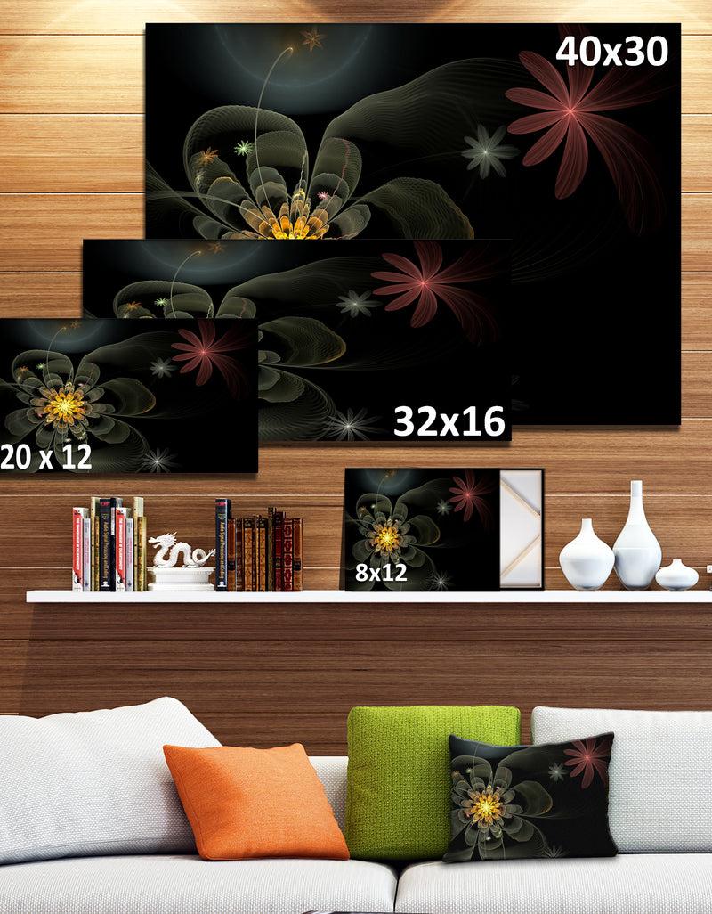 DesignQ Yellow Small Fractal Flower In Black - Modern Floral Canvas Wall Art