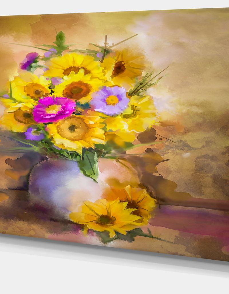 DesignQ Yellow Sunflower And Violet Aster Flowers - Extra Large Floral Wall Art
